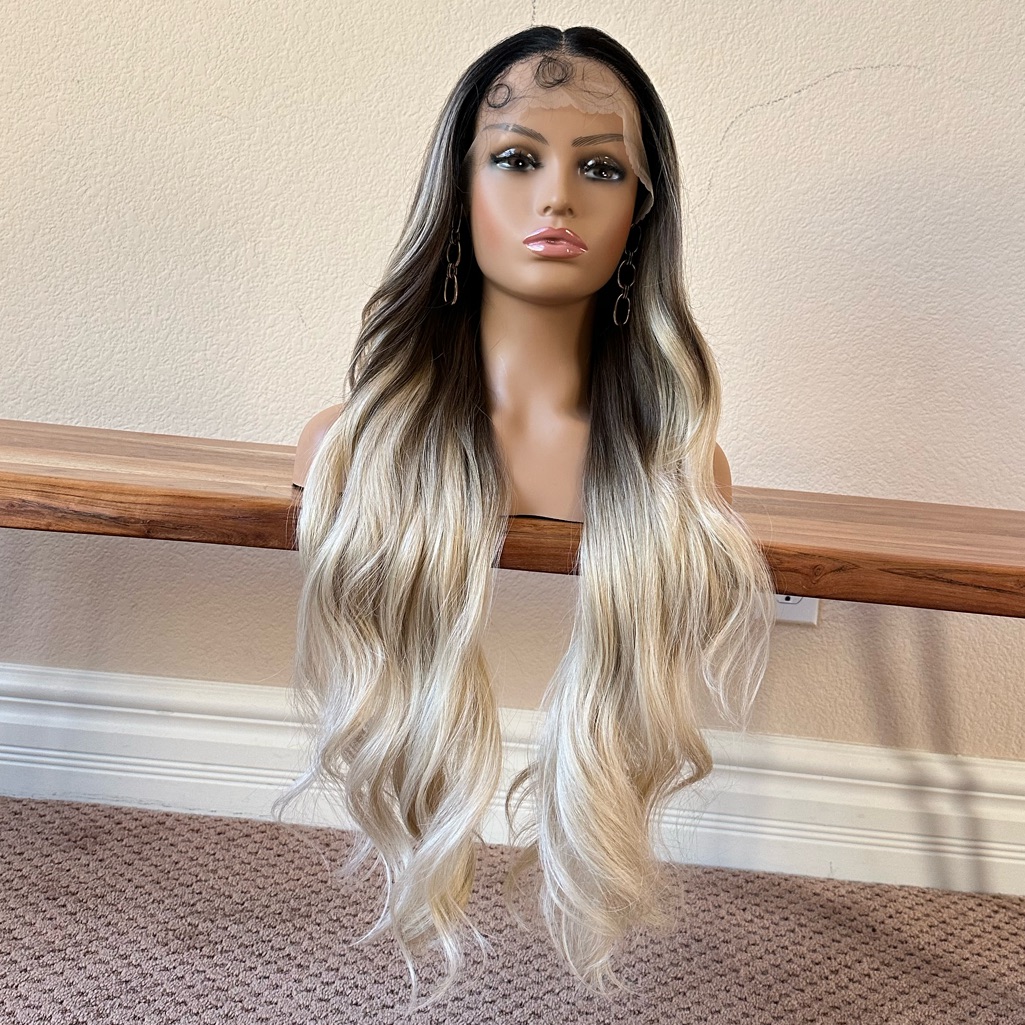 Golden Blonde Wig Ombr Black On Roots26 Inch Long Lace Front Middle Part